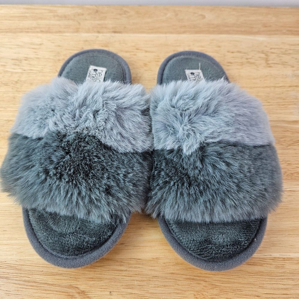 Hello Mello Cotton Candy Gray Super Soft Fuzzy Puff‎ Slippers Slide On Size 6